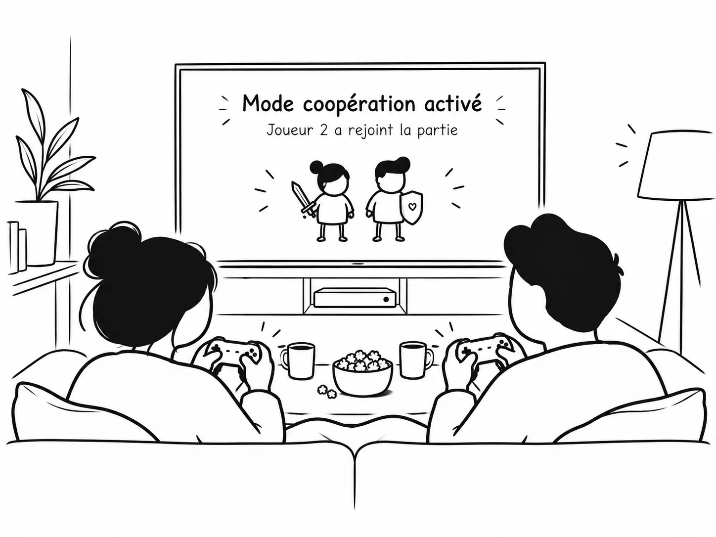 Un couple sur le canapé, manettes en main, devant une télé qui affiche « Mode coopération activé : Joueur 2 a rejoint la partie ».