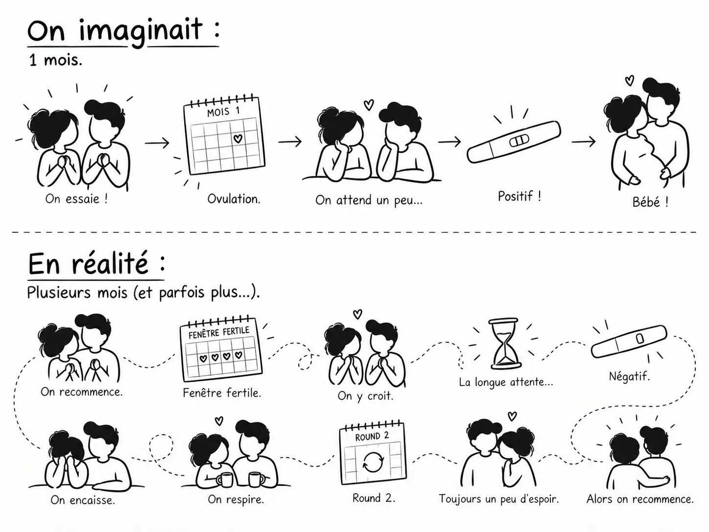 En haut, « On imaginait : 1 mois » avec une ligne droite jusqu'au bébé. En bas, « En réalité : plusieurs mois (et parfois plus) » avec un chemin sinueux : fenêtre fertile, longue attente, négatif, on encaisse, round 2.