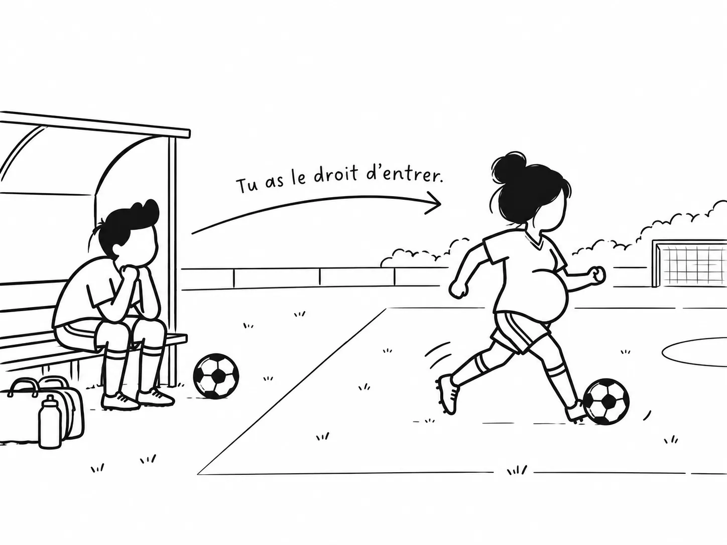 Un futur papa assis sur le banc de touche regarde sa compagne enceinte jouer au foot ; une flèche dit « Tu as le droit d'entrer ».